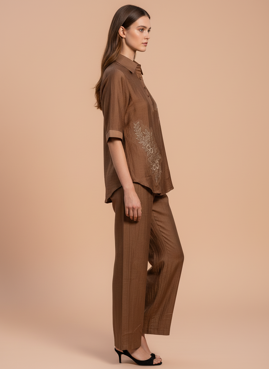 Elegant Brown Embroidered Co-Ord Set for Women