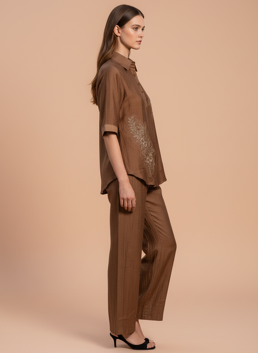 Elegant Brown Embroidered Co-Ord Set for Women