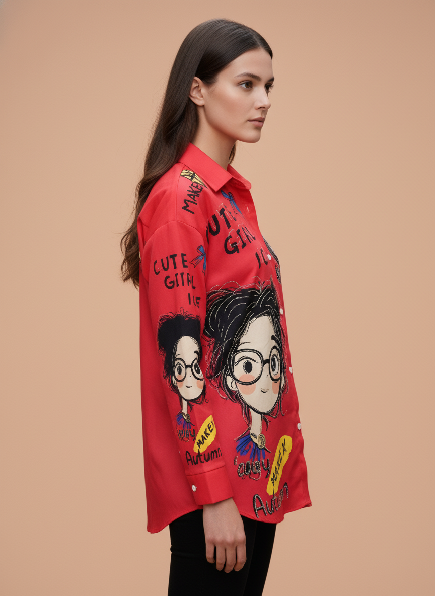 Red Graphic Printed Casual Shirt for Women Quirky Cartoon Design