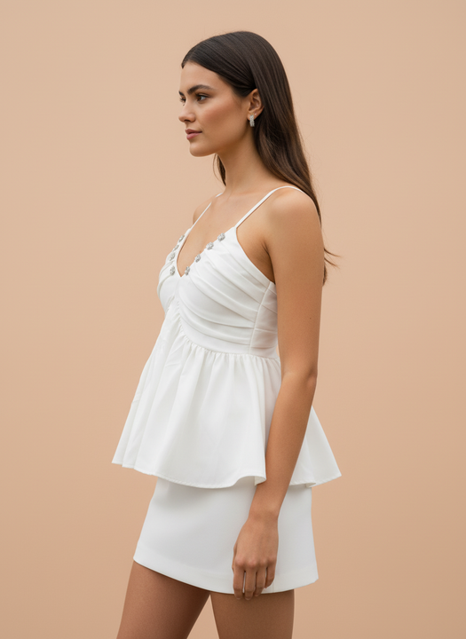 White Peplum Camisole Top with Rhinestone Embellished Neckline
