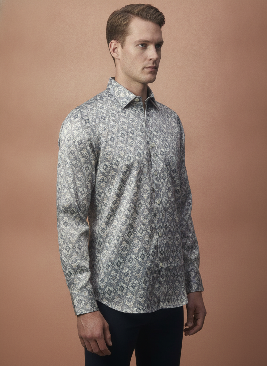Men'S Poly Satin Lycra Grey Digital Printed Shirt