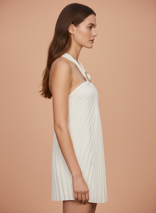 Elegant White Pleated Halter Neck Mini Dress for Women