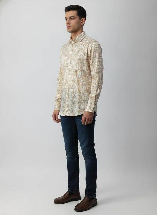 Men'S Poly Satin Lycra Mustard Digital Printed Shirt
