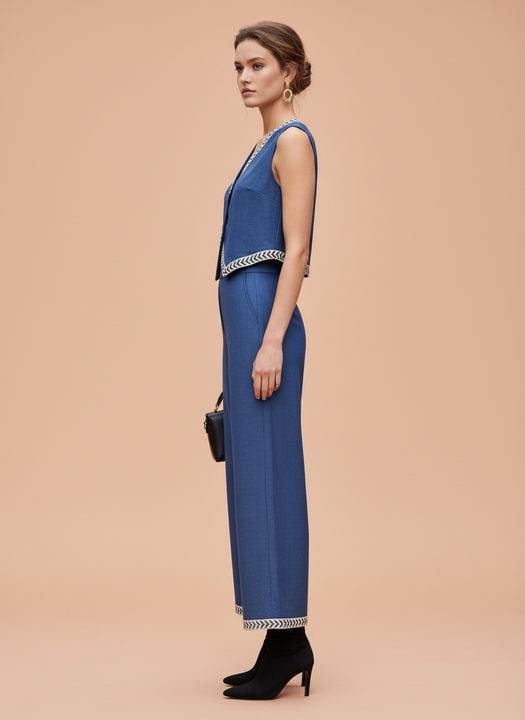 Chic Parisian Blue Co-ord Set – Sleeveless Vest & Wide-Leg Pants