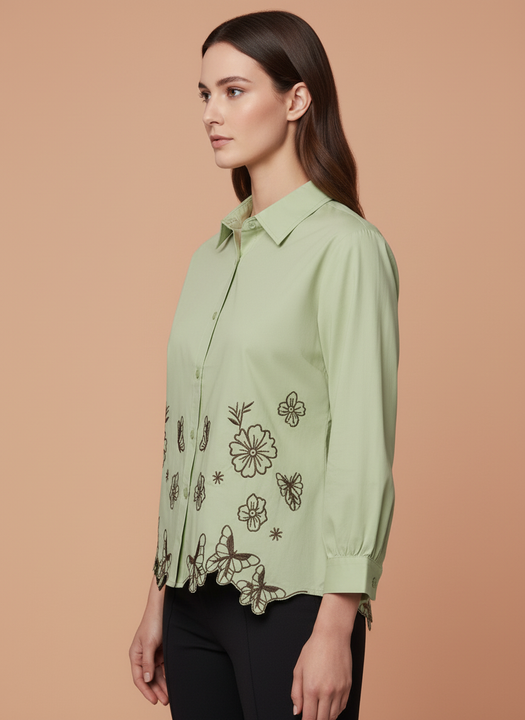 Sage Green Floral Butterfly Embroidered Shirt