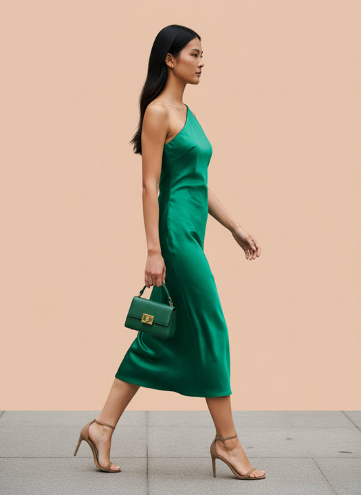 Women’s Luxury European Satin Emerald Green Midi Dress
