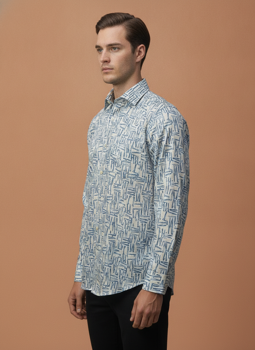 Men'S Poly Satin Lycra Blue Digital Printed Shirt