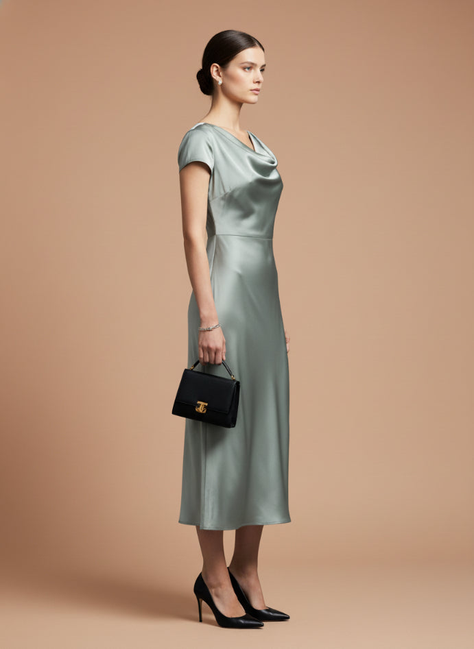 Women’s Luxury European Satin Grey Midi Dress