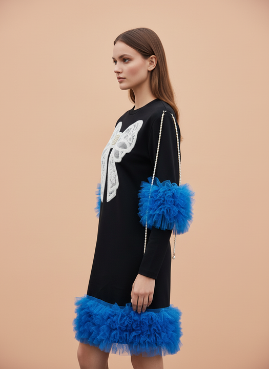 Elegant Bow Detail Black Dress with Blue Ruffle Accents