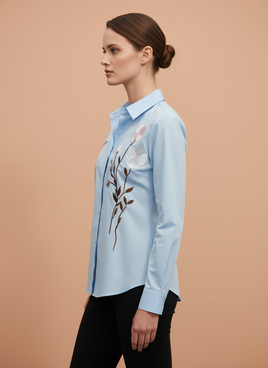 Elegant Light Blue Floral Embroidered Shirt for Women