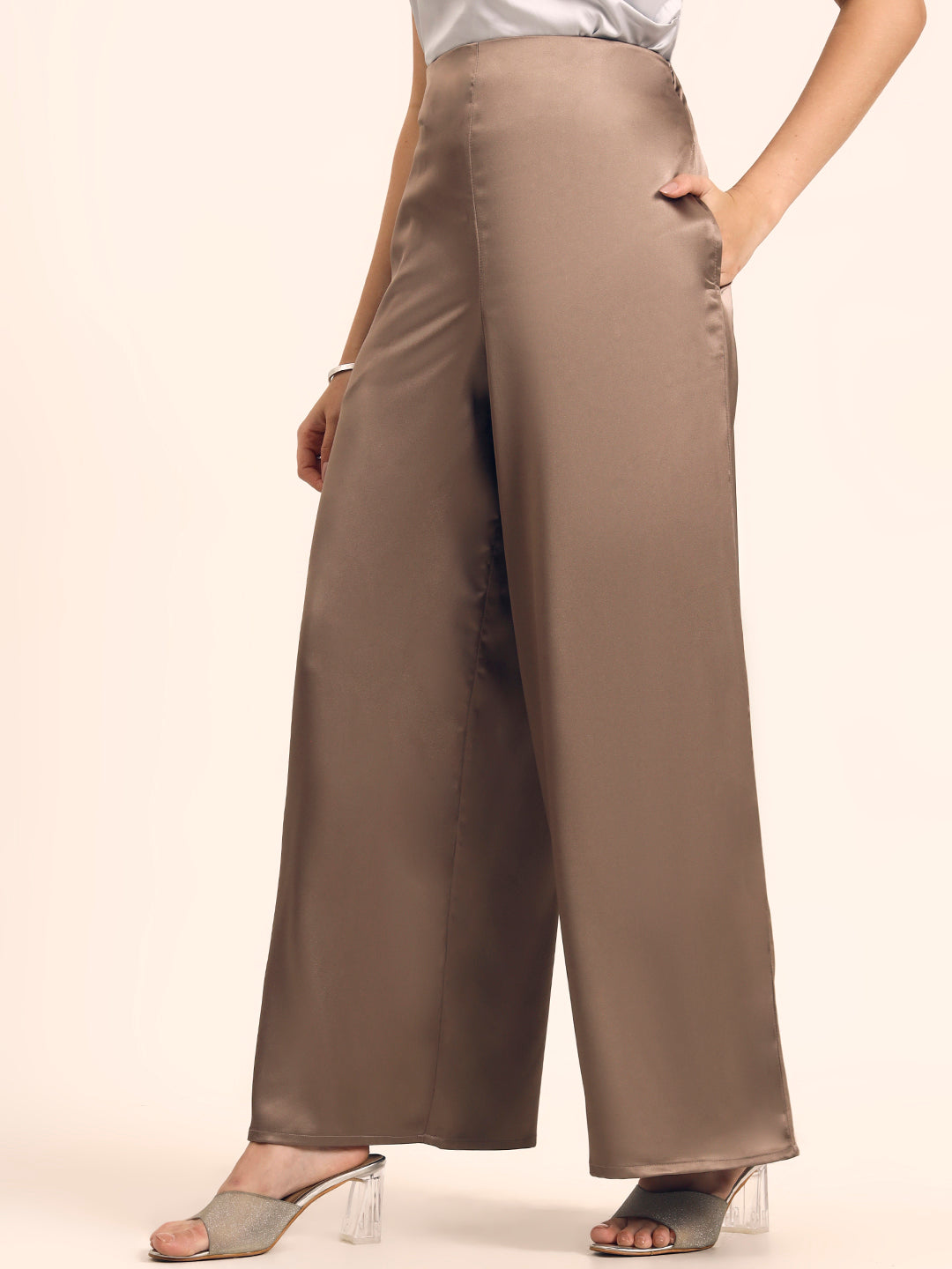 Luxury Satin Wide Leg Pants European Fabric  Mocha Pearl Glam Look