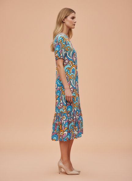 Rayon Printed Puff Sleeve A Line Front Button Maxi Dress