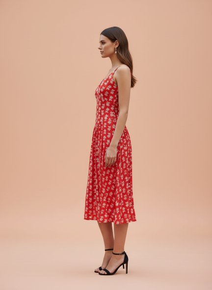 Rayon Printed Fit & Flare V Neck Shoulder Strap Maxi Dress