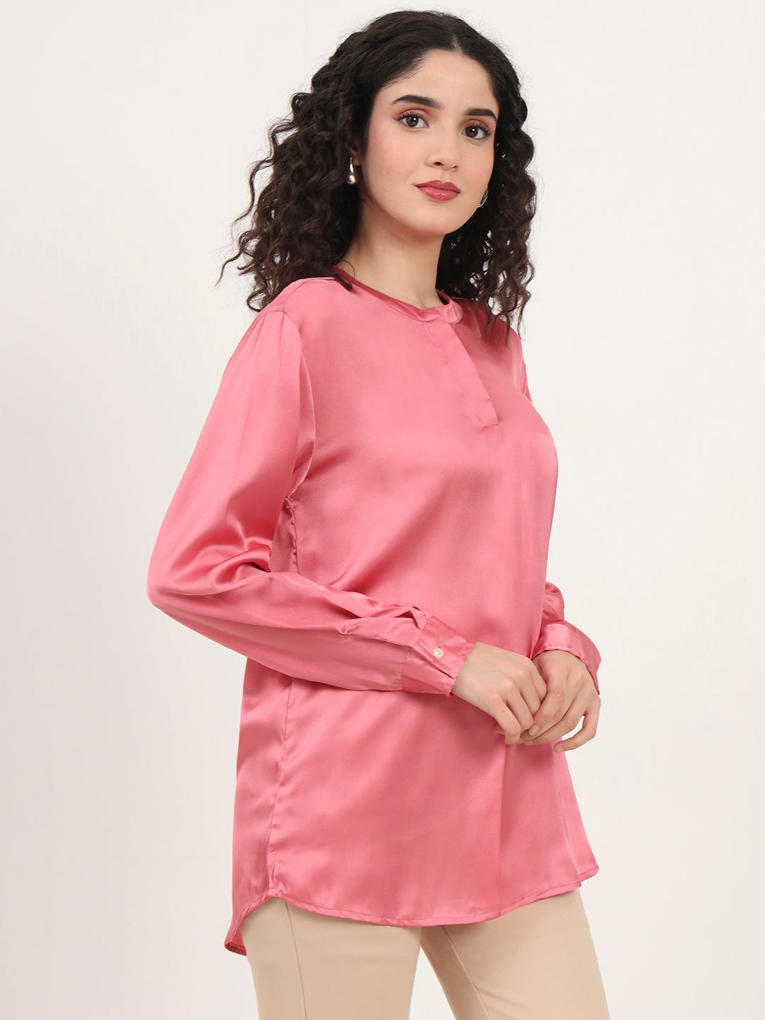 Summer Satin Rose Pink Front Pleated Tunic