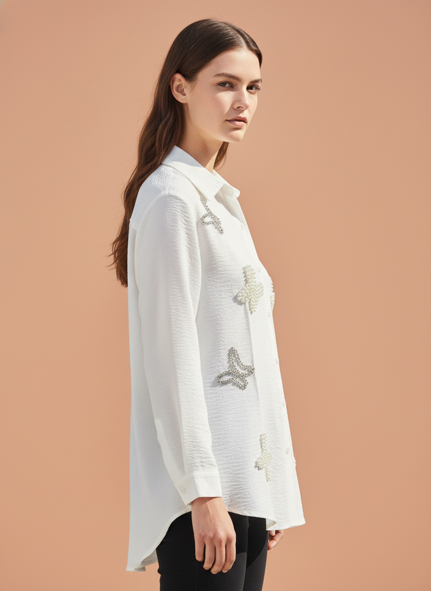 Ivory Elegance Pearl Embellished Designer Shirt