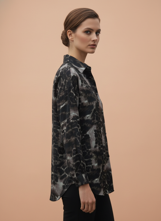 Women Black Grey Leopard Print Button Down Shirt