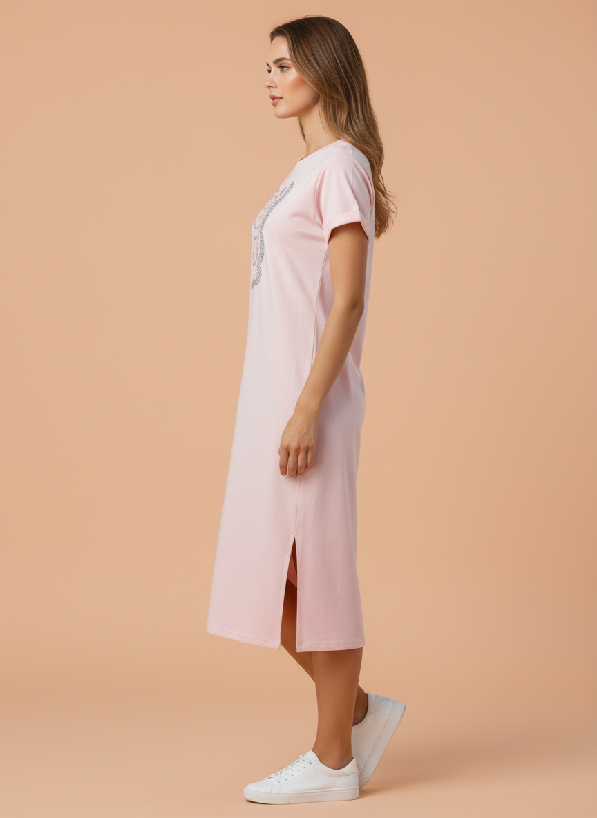 Women’s Soft Pink Midi Dress with Teddy Bear Print