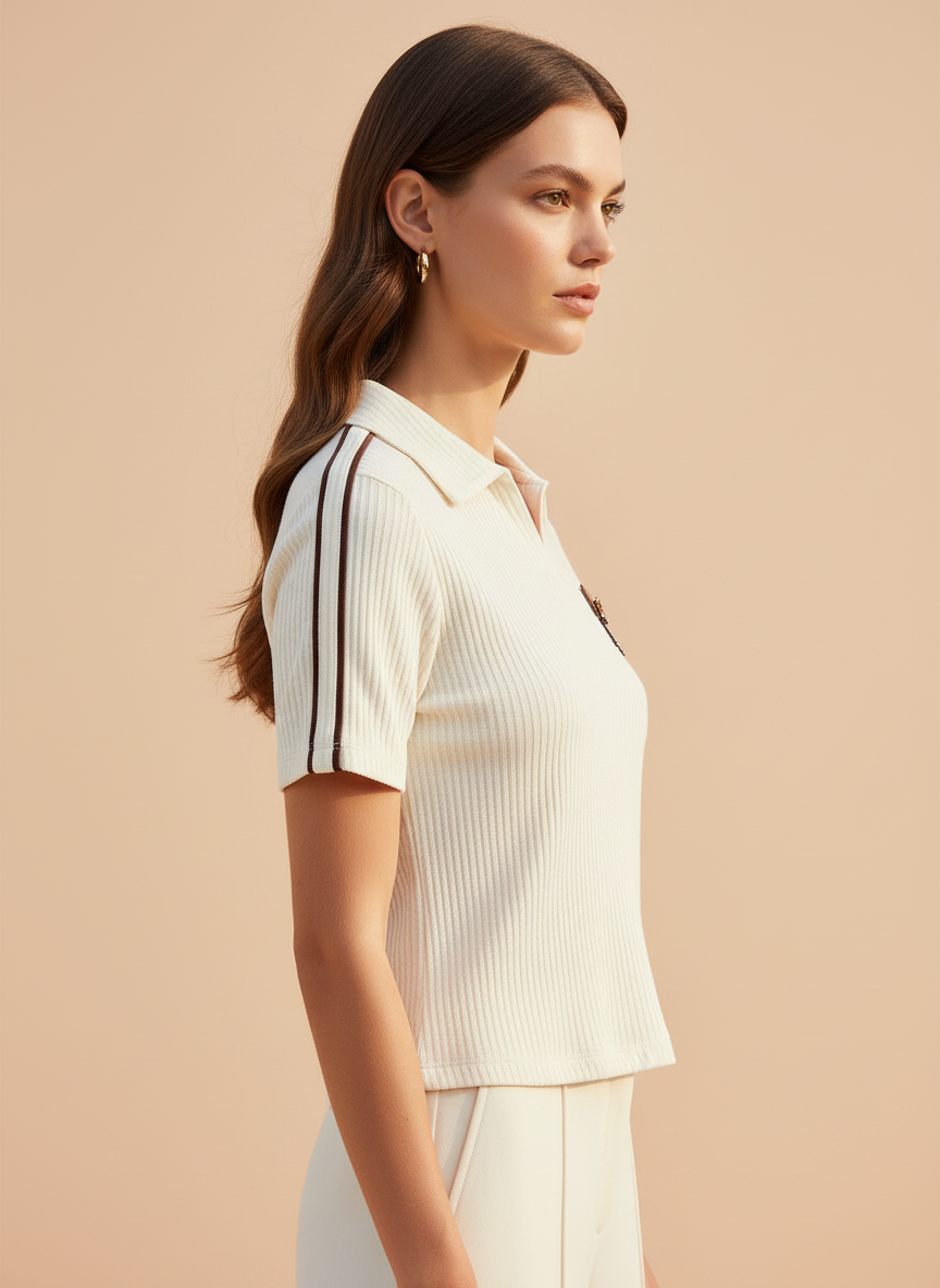 Women’s Cream Ribbed Knit Polo T-Shirt