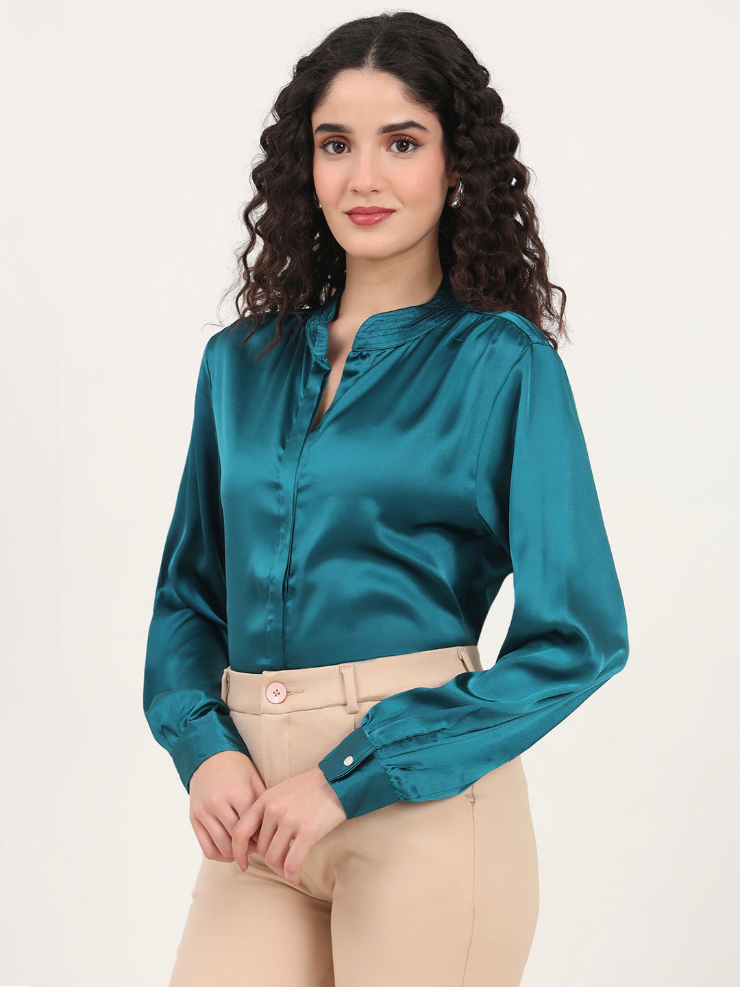 Summer Satin Peacock Mandarin Collar Shirt