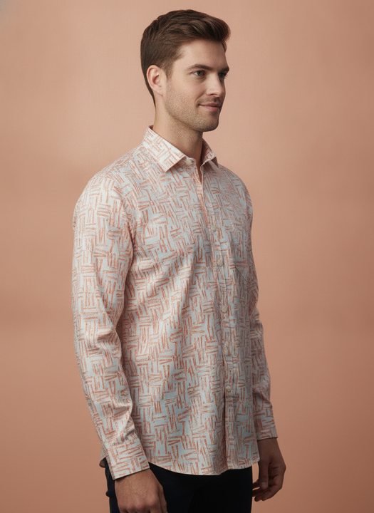 Men'S Poly Satin Lycra Orange Digital Printed Shirt