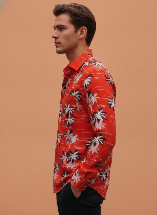 Men'S Premium Rayon Shirt With Red Flower Print