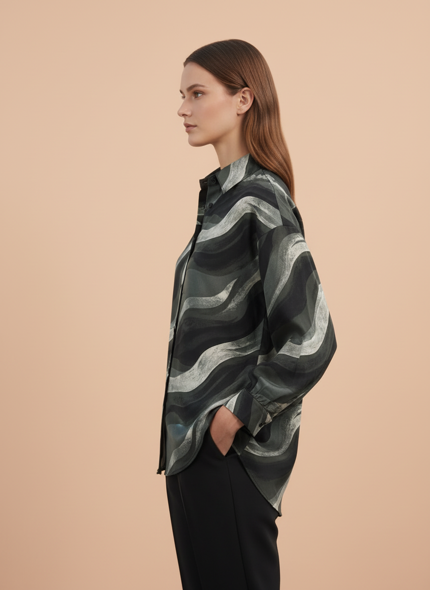 Women's Grey & Black Abstract Wavy Printed Oversized Shirt
