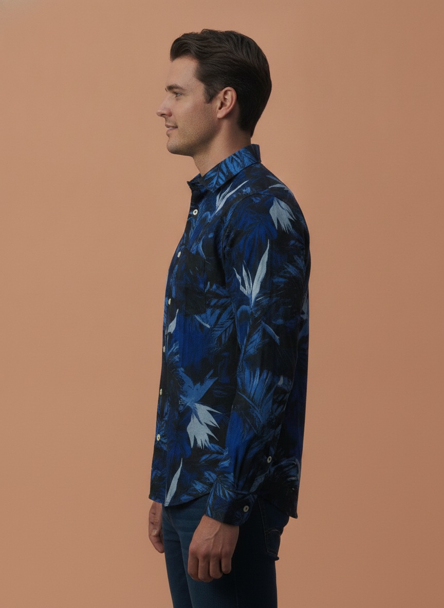 Men'S Premium Rayon Shirt With Tropical Blue Print