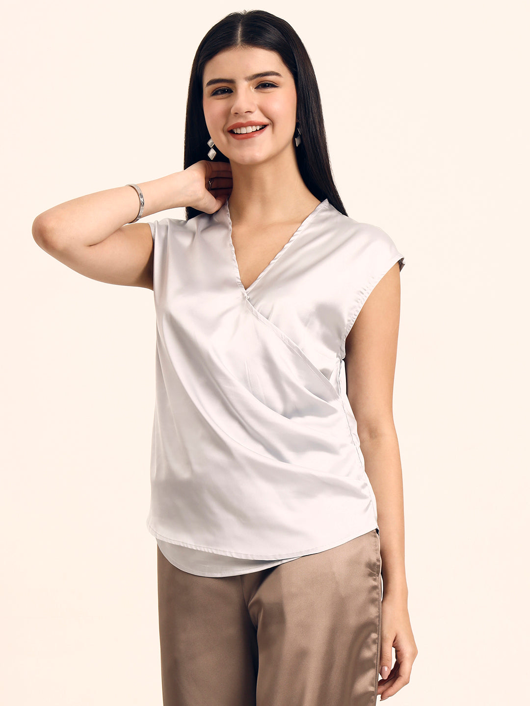 Women's Luxury European Satin V Neck Pleated Sleeveless Top