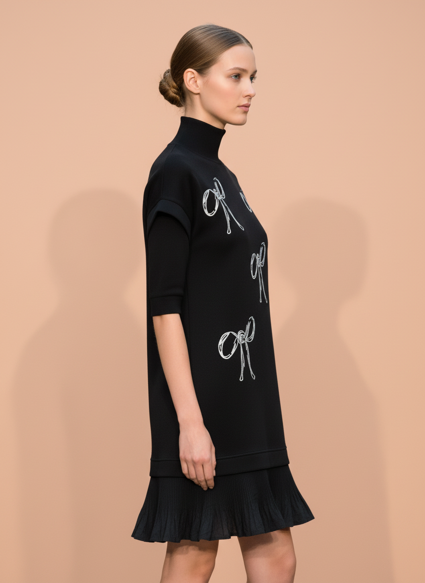 Luxury Black Bow Embellished A-Line Mini Dress