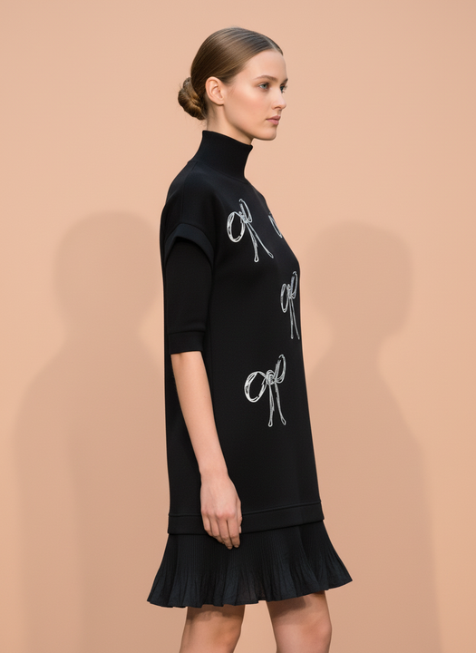 Luxury Black Bow Embellished A-Line Mini Dress