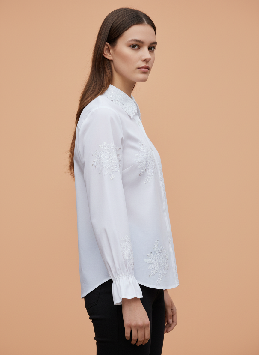 Women’s Elegant White Embroidered Shirt with Lace Collar