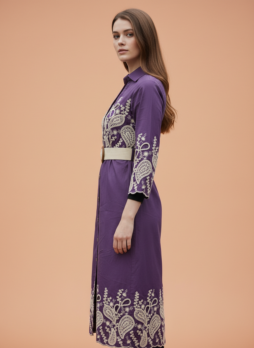 Women’s Purple Embroidered Shirt Dress with Belt