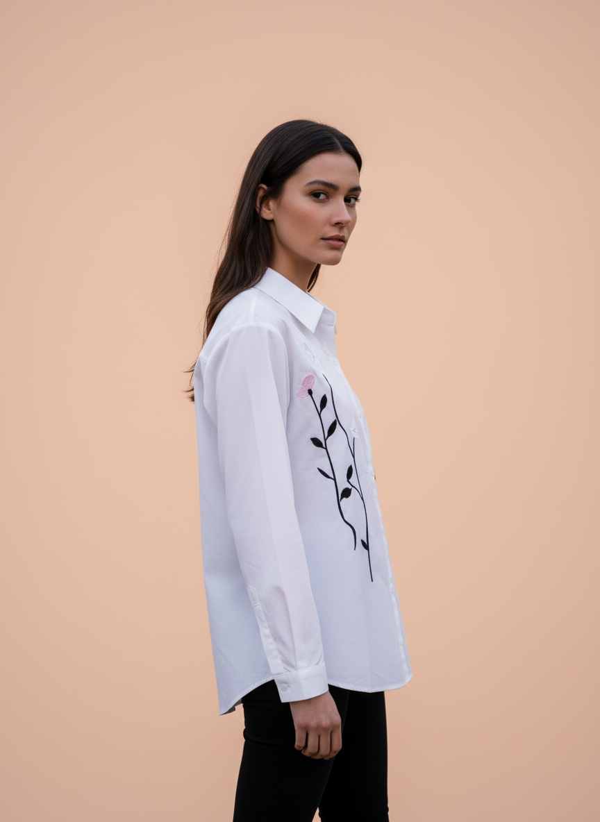 Elegant Floral Embroidered White Shirt for Women