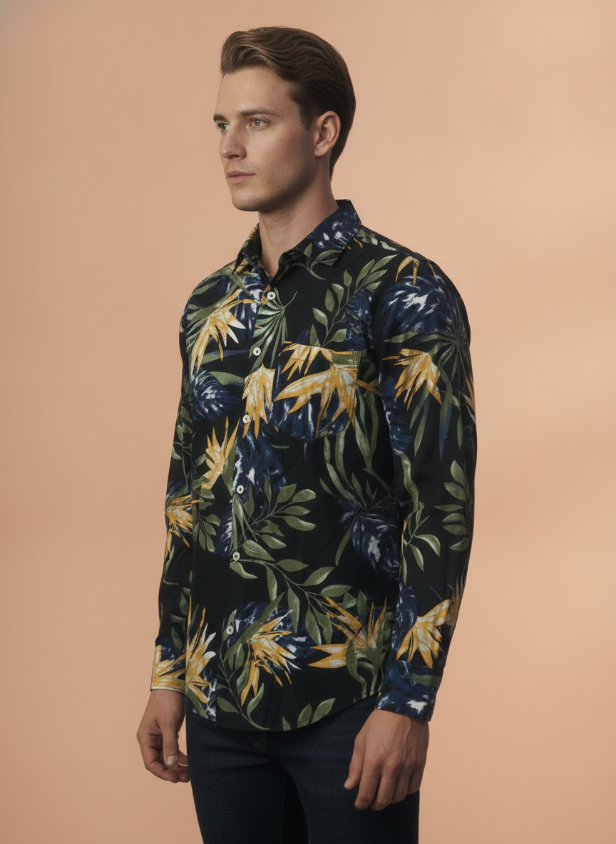 Men'S Premium Rayon Shirt With Jungle Print In Full Sleeve And Black Color