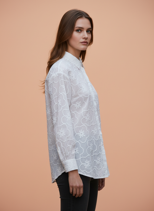 White Floral Embroidered Women Shirt