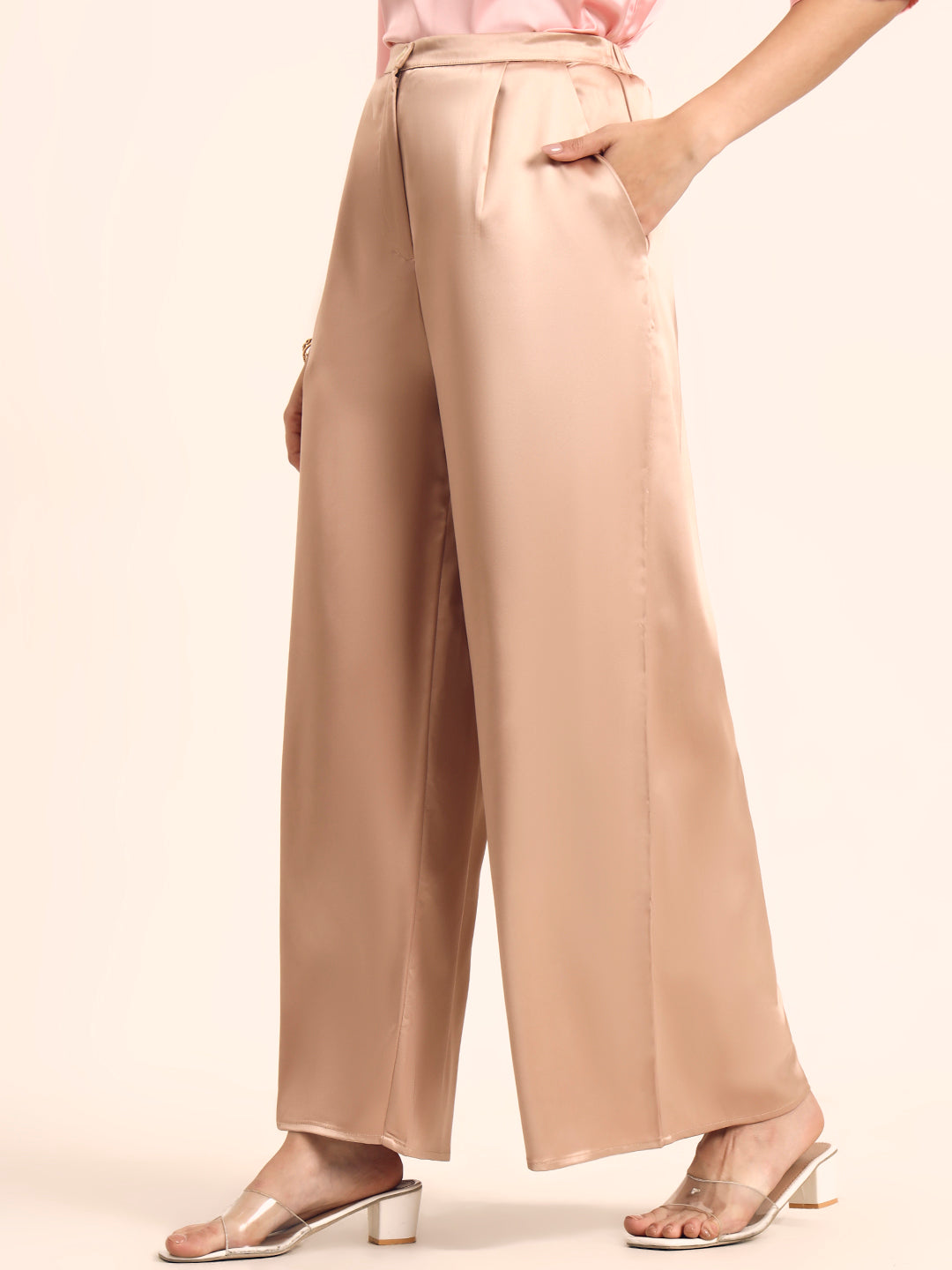 Luxury Satin Wide Leg Pants European Fabric  Peachy Pink Glam Look