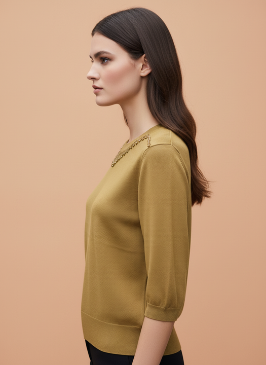 Mustard Green Beaded Neck Knit Top