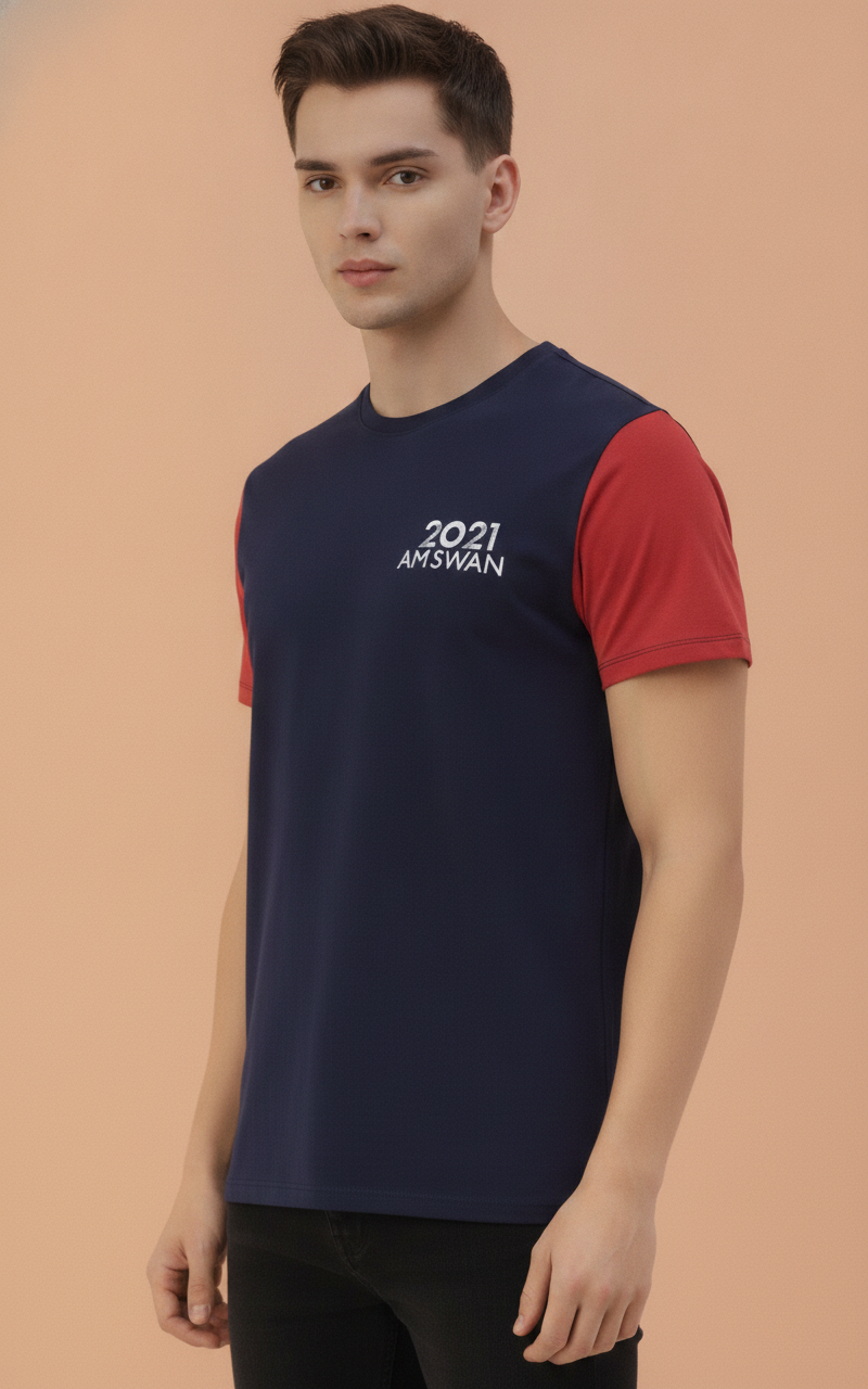 Mens Premium Cotton Lycra Colourblock Half Sleeve Crew Neck T-Shirts