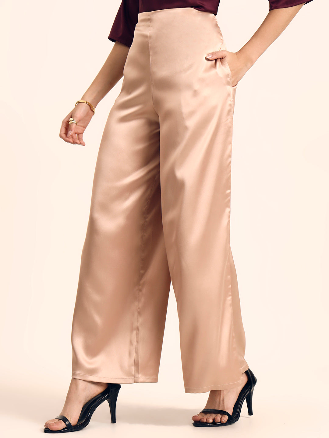 Luxury Satin Wide Leg Pants European Fabric  Rose Sand Glam Look