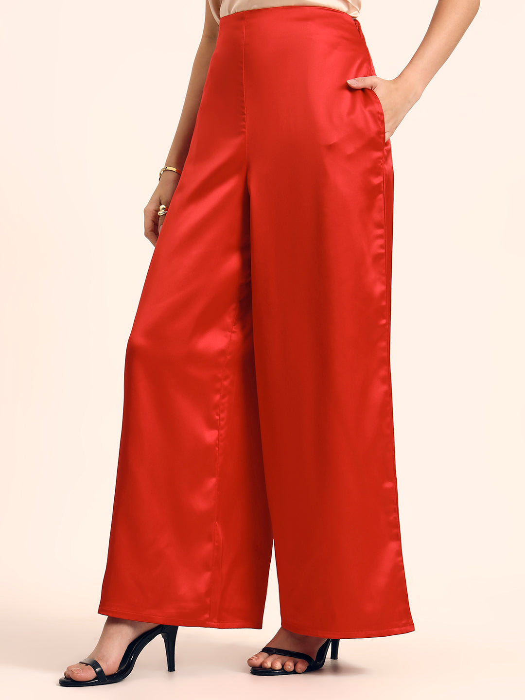 Luxury Satin Wide Leg Pants European Fabric  Red Glam Look