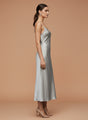 Women's Luxury Satin Silver Grey V-Neck Midi Dress