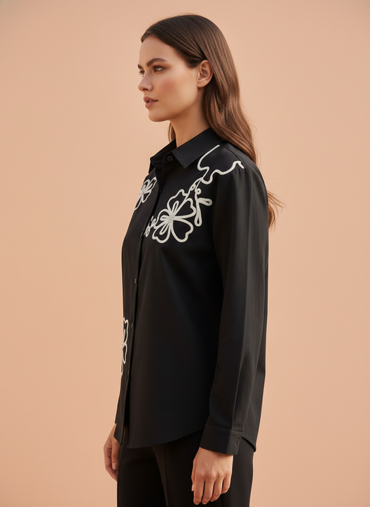 Elegant Black Floral Embroidered Shirt for Women