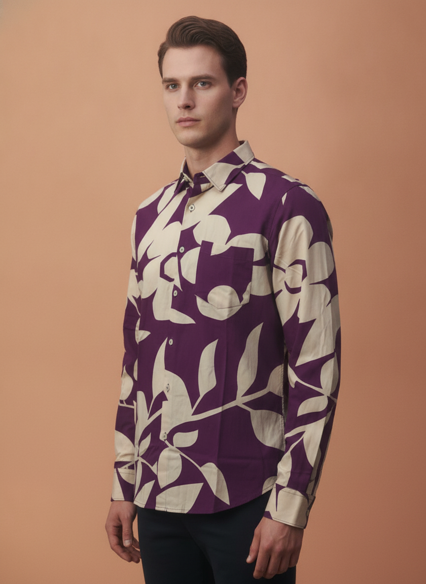 Men'S Premium Rayon Shirt With Purple Floral Print