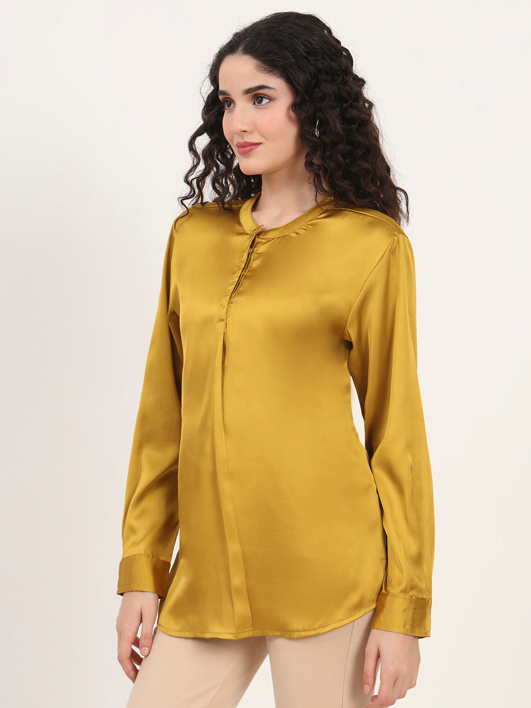 Summer Satin Mettalic Gold Front Pleated Tunic