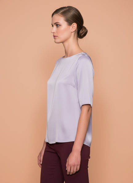 European Satin Solid Crew Neck Top
