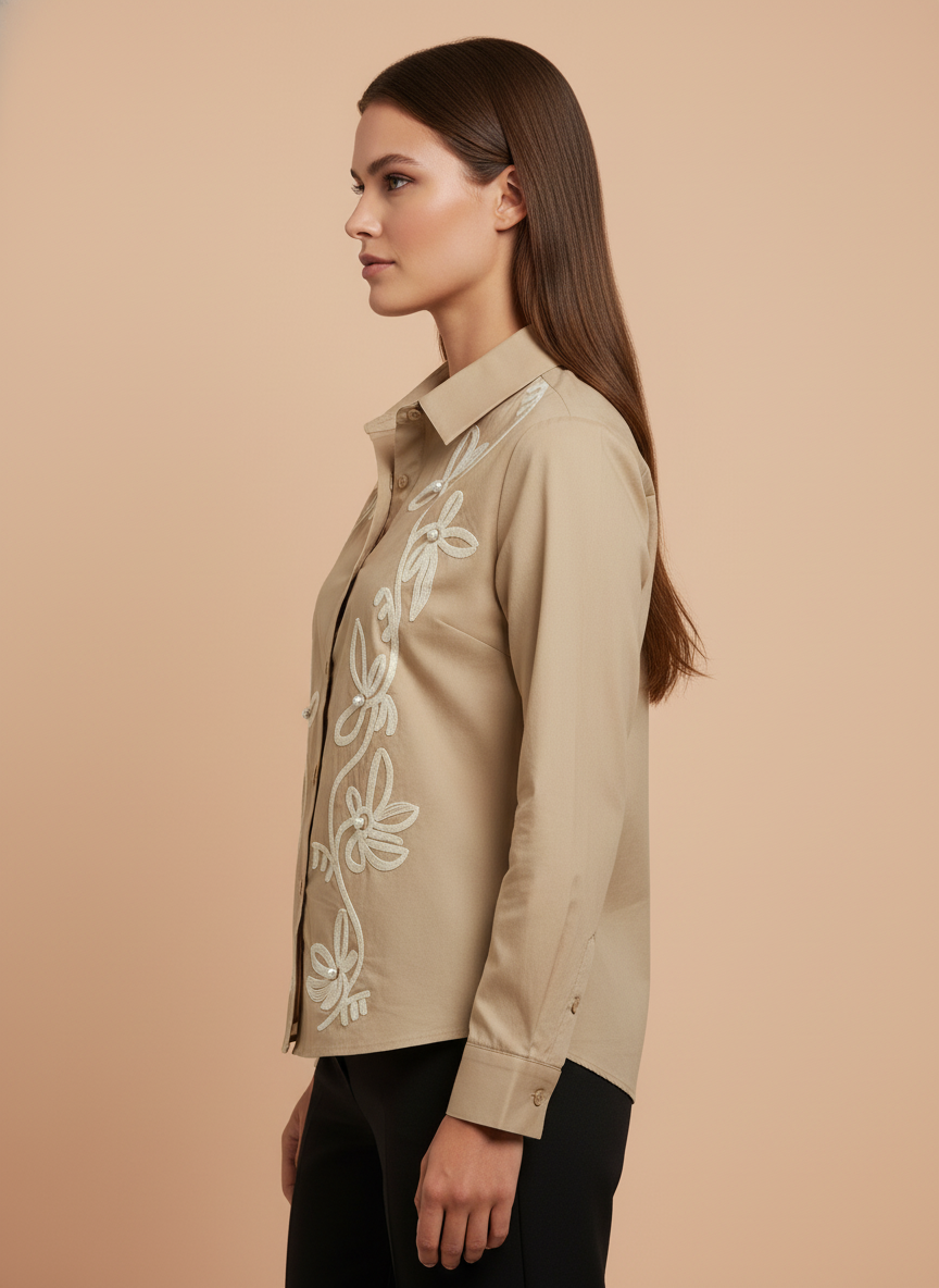 Elegant Beige Floral Embroidered Shirt for Women