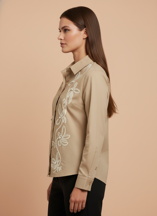 Elegant Beige Floral Embroidered Shirt for Women