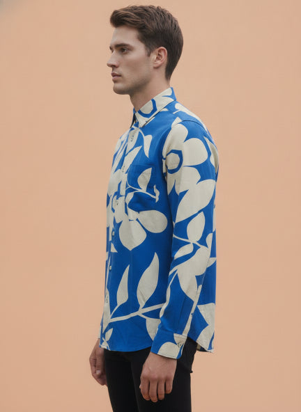 Men'S Premium Rayon Shirt With Blue Floral Print