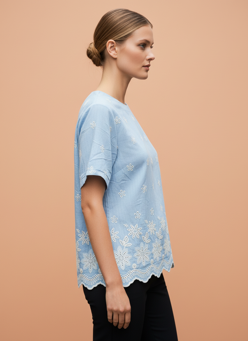 Women's Light Blue Floral Embroidered Cotton Top