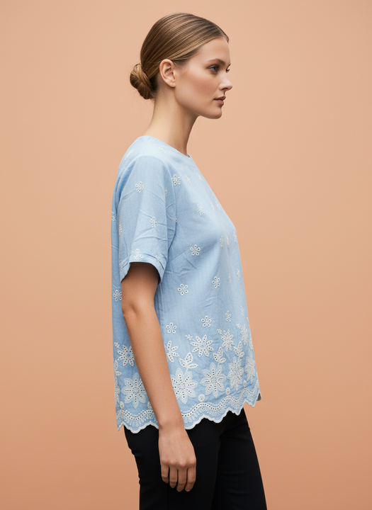 Women's Light Blue Floral Embroidered Cotton Top